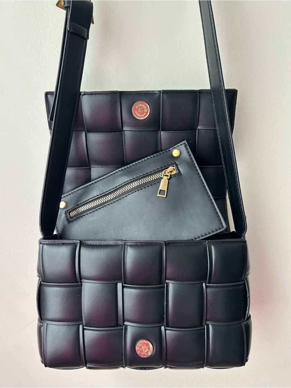 Black Woven Leather Shoulder Bag with Zip Pouch